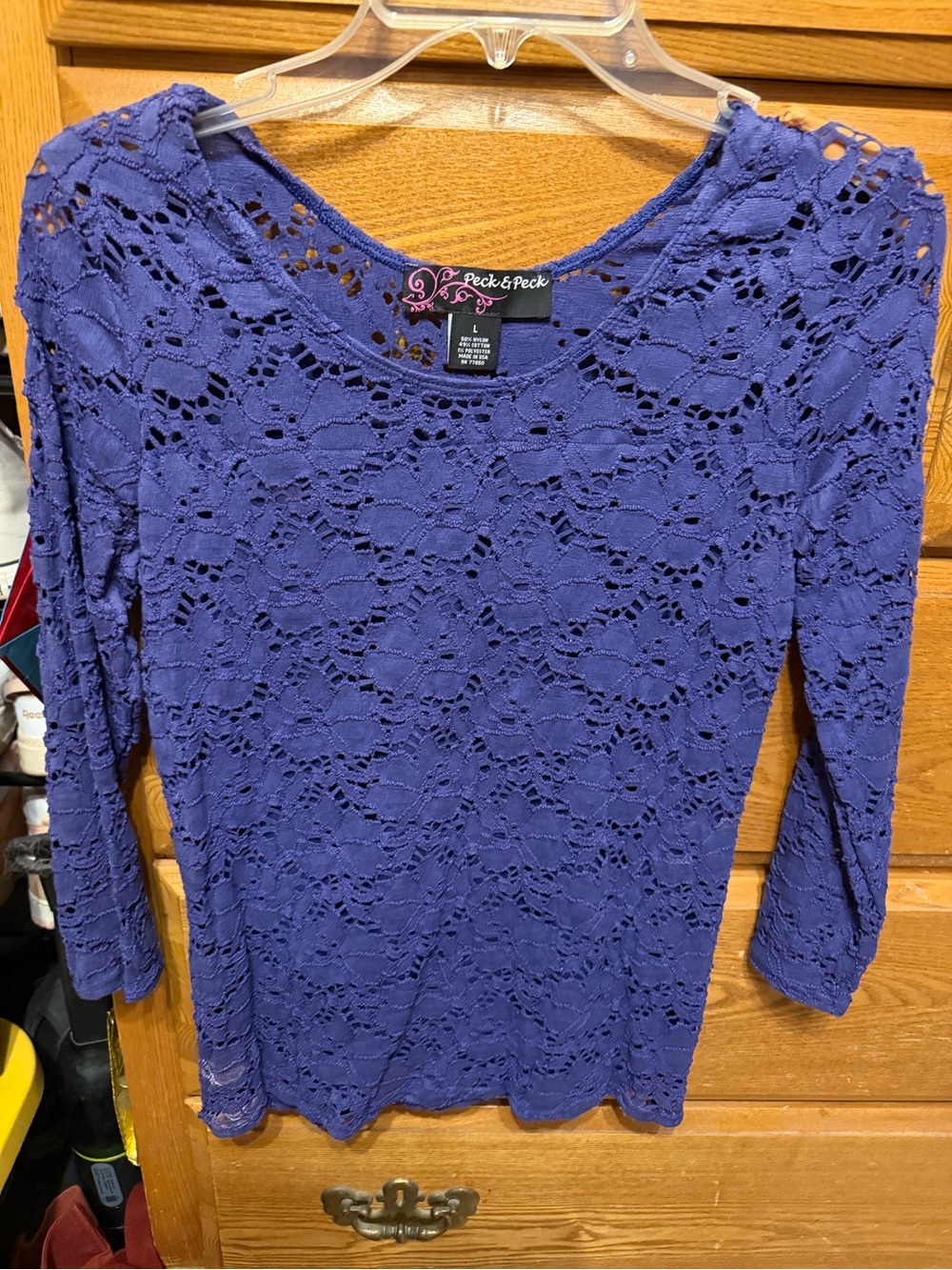 Peck & Peck Purple Lace Crochet 3/4 Sleeve Tunic Top